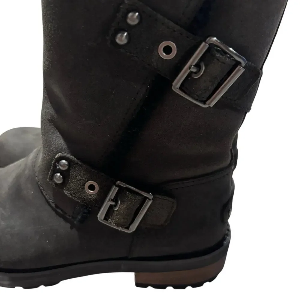 UGG Australia Women's Black Suede Biker Booties Buckle Strap Sz 7 Boots 1095130
